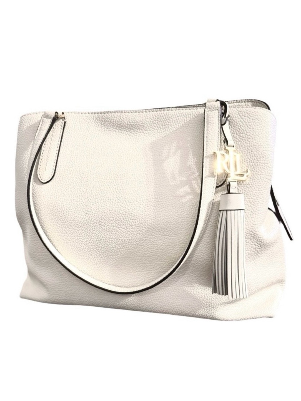 Ralph Lauren Genuine Leather Quinn Large Shoulder Bag Tassel and Logo in Ivory